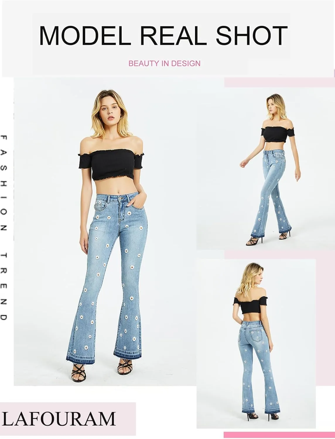 LAFOURAM Bell Bottom Jeans for Women High Waist Flared Floral Embroidered Wide Leg Denim Pants