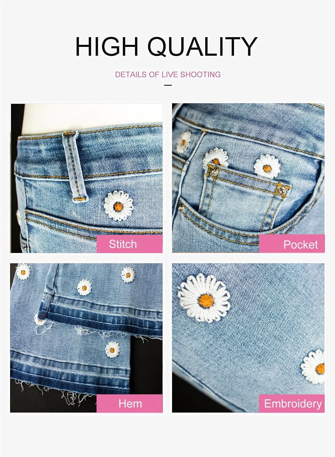 LAFOURAM Bell Bottom Jeans for Women High Waist Flared Floral Embroidered Wide Leg Denim Pants