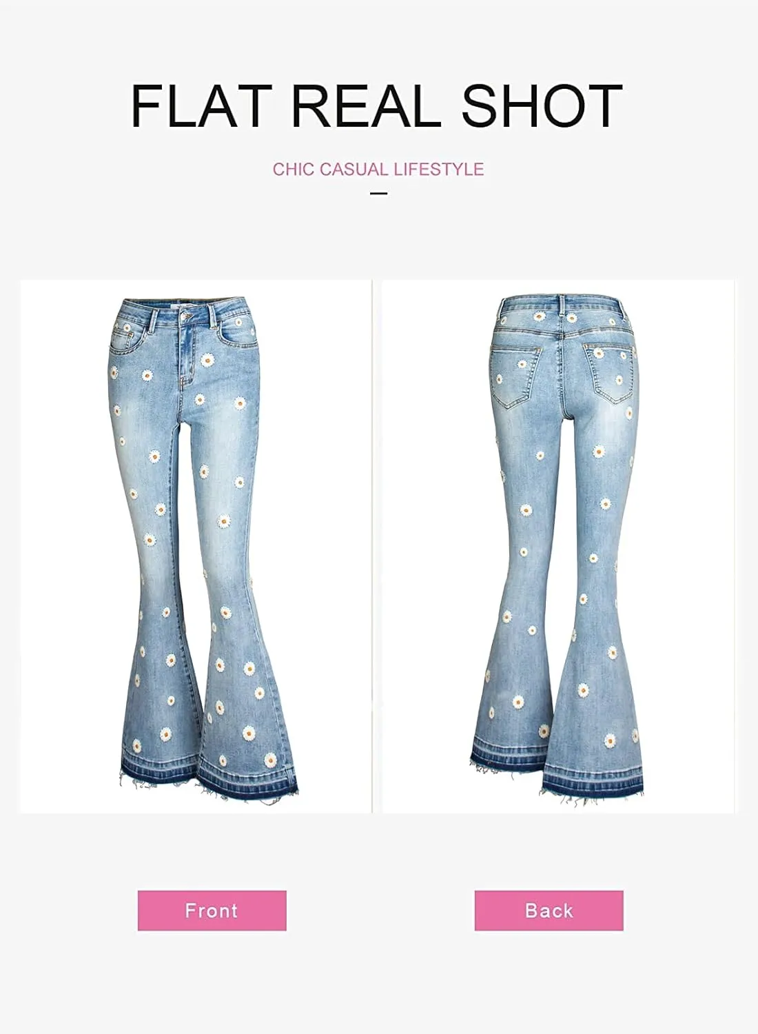 LAFOURAM Bell Bottom Jeans for Women High Waist Flared Floral Embroidered Wide Leg Denim Pants