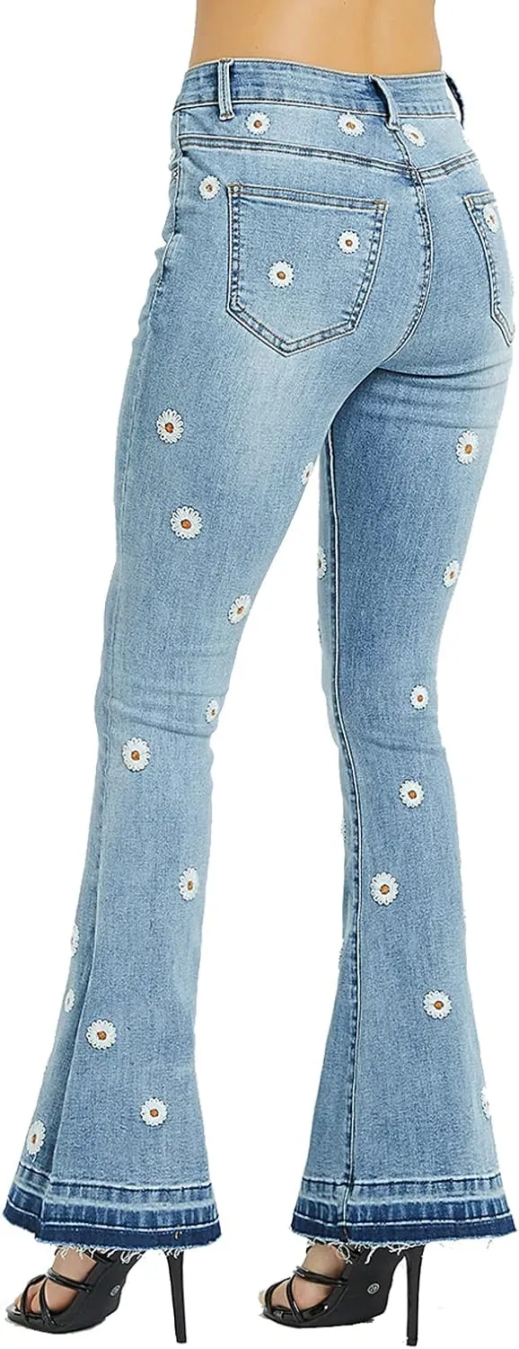 LAFOURAM Bell Bottom Jeans for Women High Waist Flared Floral Embroidered Wide Leg Denim Pants