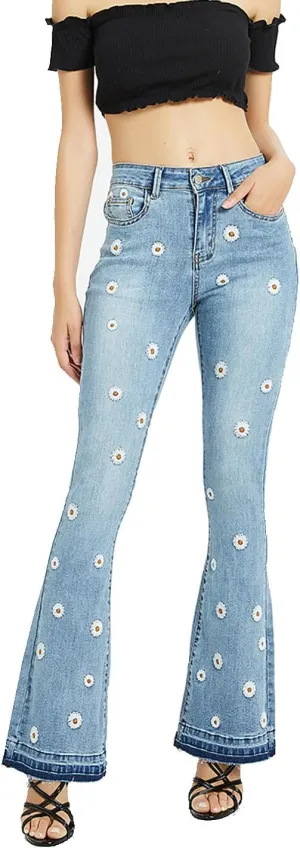 LAFOURAM Bell Bottom Jeans for Women High Waist Flared Floral Embroidered Wide Leg Denim Pants