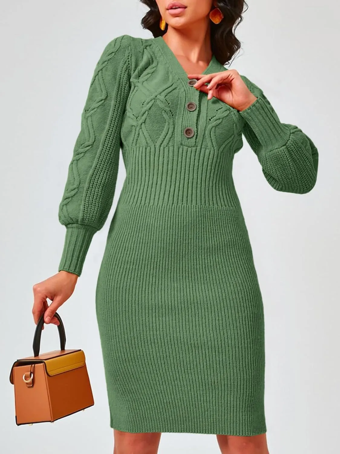 Langwyqu Women's V Neck Lantern Long Sleeve Sweater Dress Sexy Bodycon Cable Ribbed Knit Fall Pullover Midi Dresses