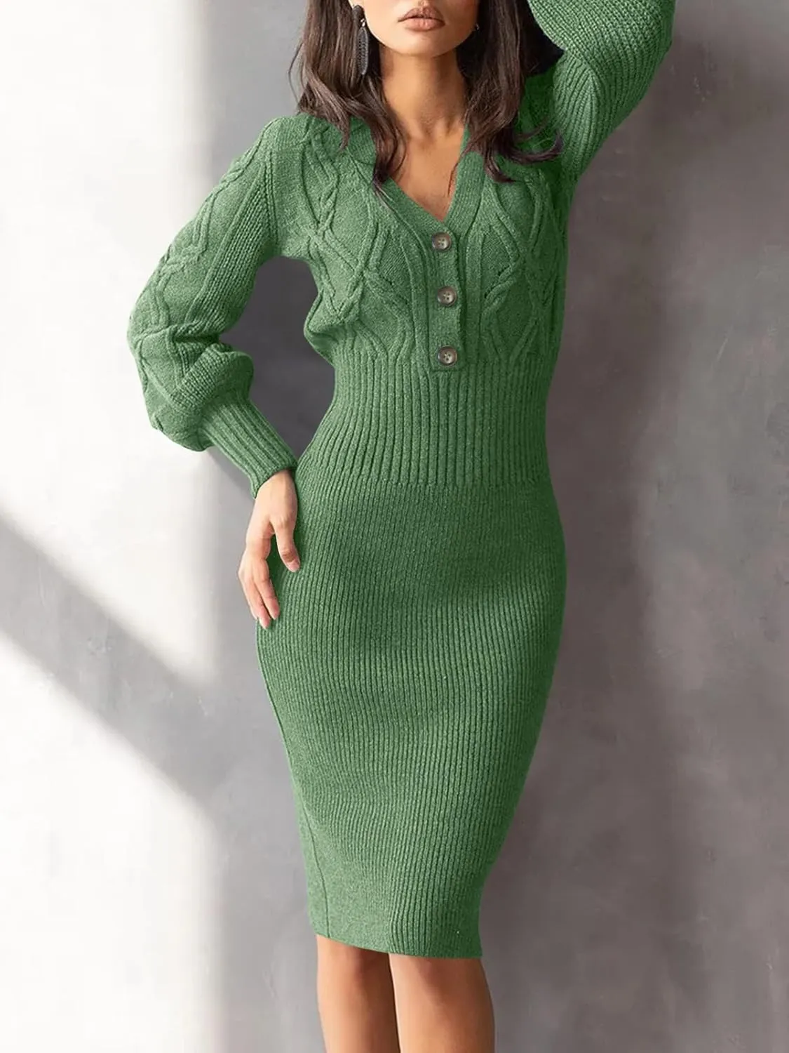Langwyqu Women's V Neck Lantern Long Sleeve Sweater Dress Sexy Bodycon Cable Ribbed Knit Fall Pullover Midi Dresses