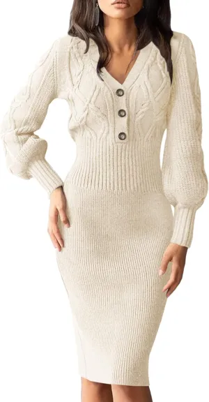 Langwyqu Women's V Neck Lantern Long Sleeve Sweater Dress Sexy Bodycon Cable Ribbed Knit Fall Pullover Midi Dresses