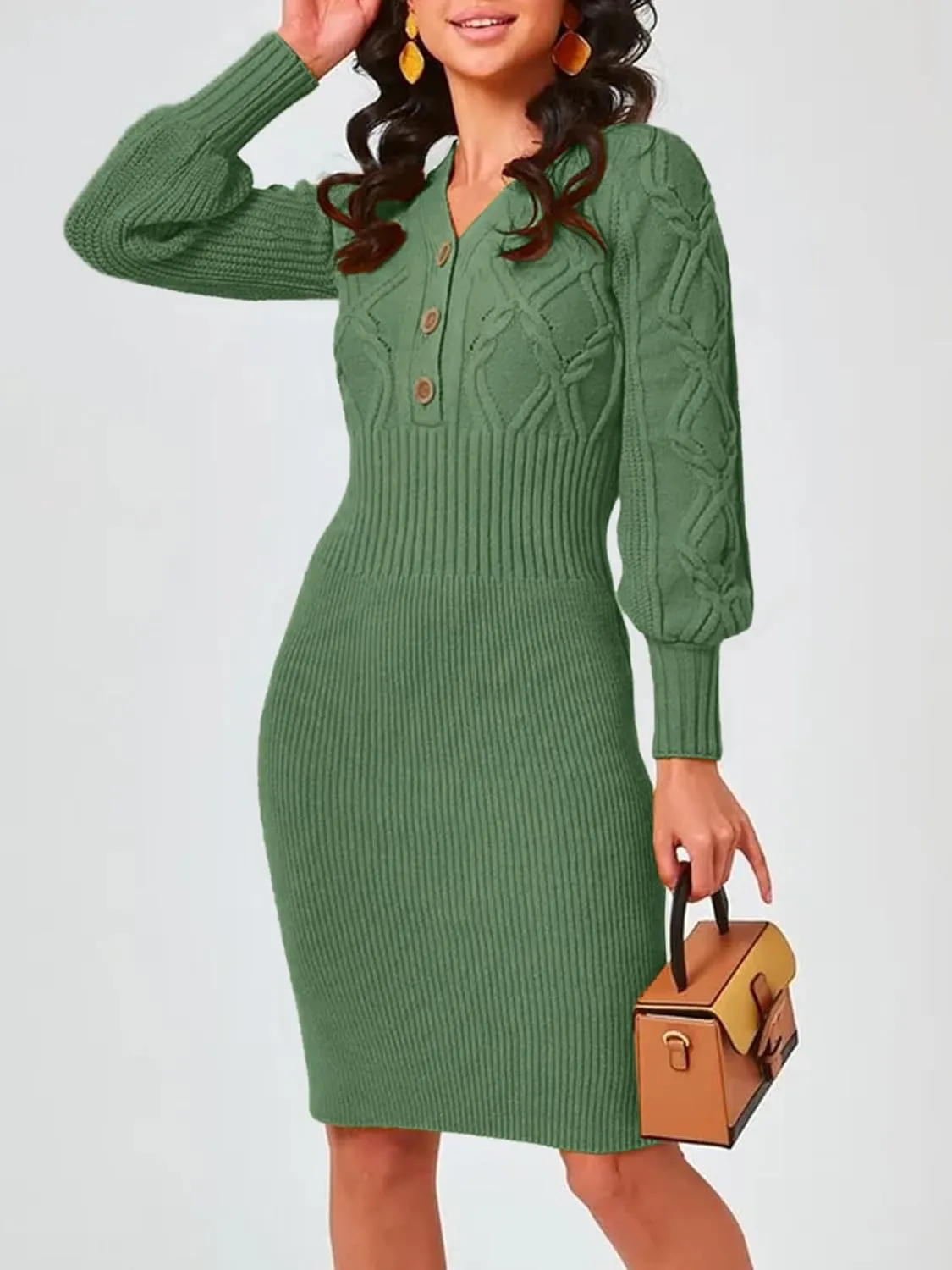 Langwyqu Women's V Neck Lantern Long Sleeve Sweater Dress Sexy Bodycon Cable Ribbed Knit Fall Pullover Midi Dresses
