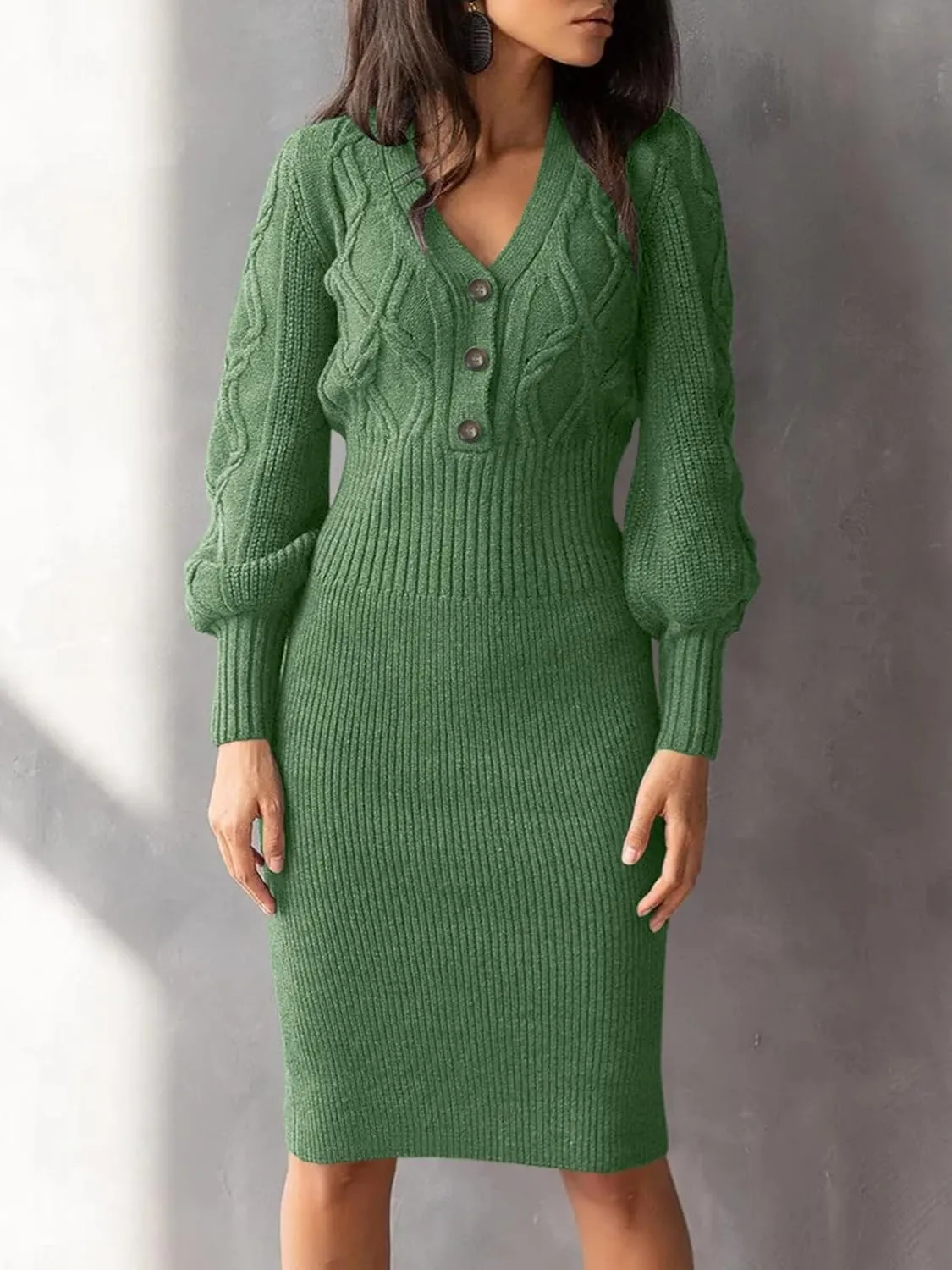 Langwyqu Women's V Neck Lantern Long Sleeve Sweater Dress Sexy Bodycon Cable Ribbed Knit Fall Pullover Midi Dresses
