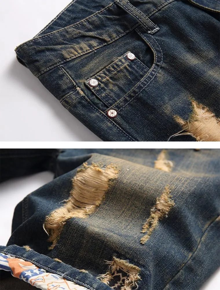 Lavnis Men's Moto Biker Jeans Shorts Ripped Distressed Denim Shorts with Broken Hole