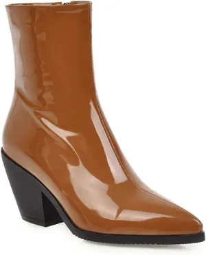 LEHOOR Women Combat Pointed Toe Chunky Heel Ankle Booties Side Zipper Patent Leather Stacked Block Heeled Short Boots Bike Warm 4-14 M US