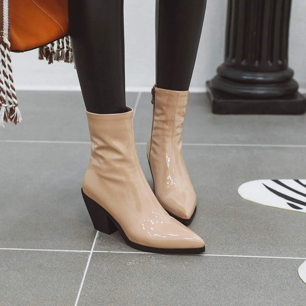 LEHOOR Women Combat Pointed Toe Chunky Heel Ankle Booties Side Zipper Patent Leather Stacked Block Heeled Short Boots Bike Warm 4-14 M US