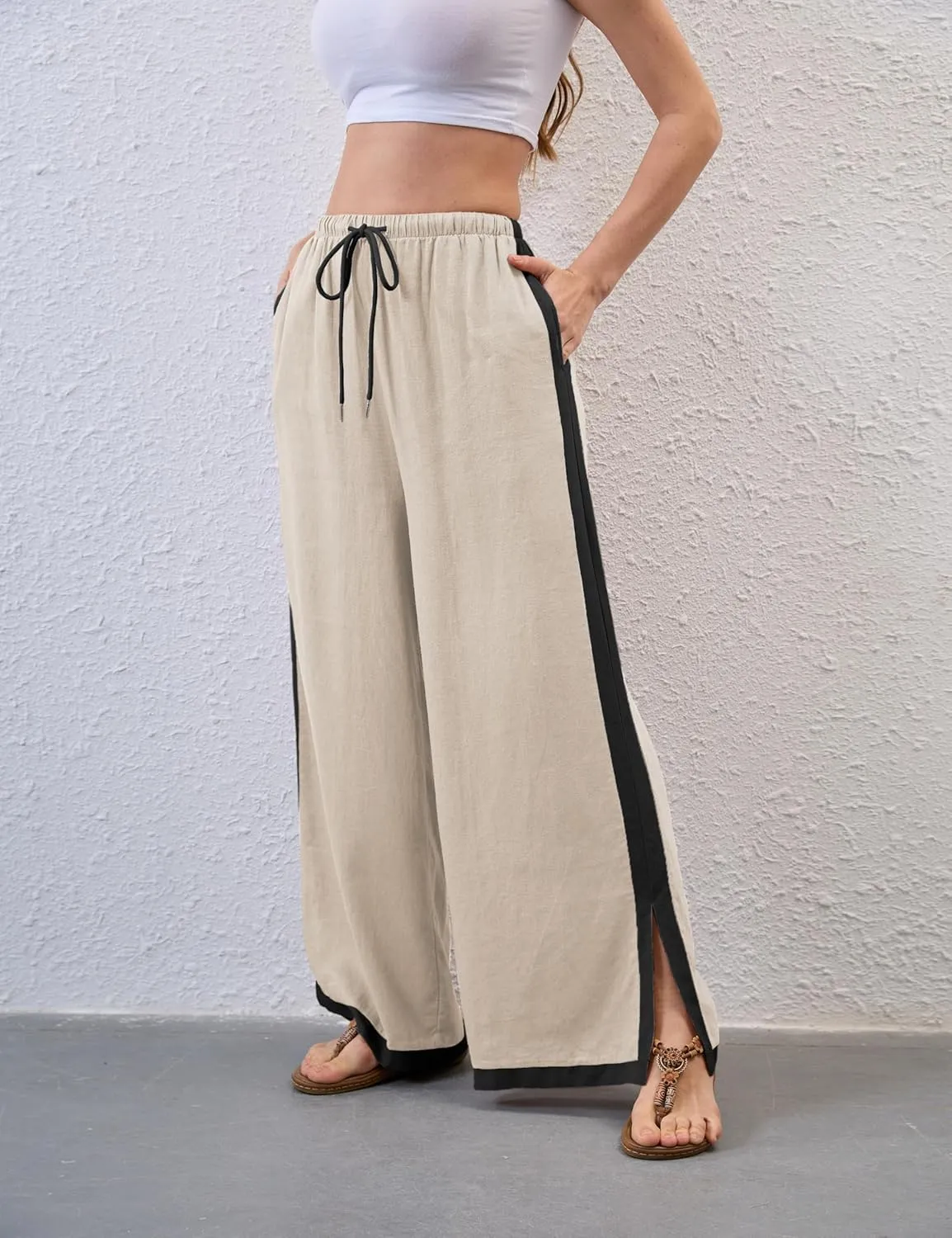 Lentta Womens Linen Wide Leg Pants Side Striped Palazzo Pants Beach Pants with Pockets Lounge Vacation Outfits