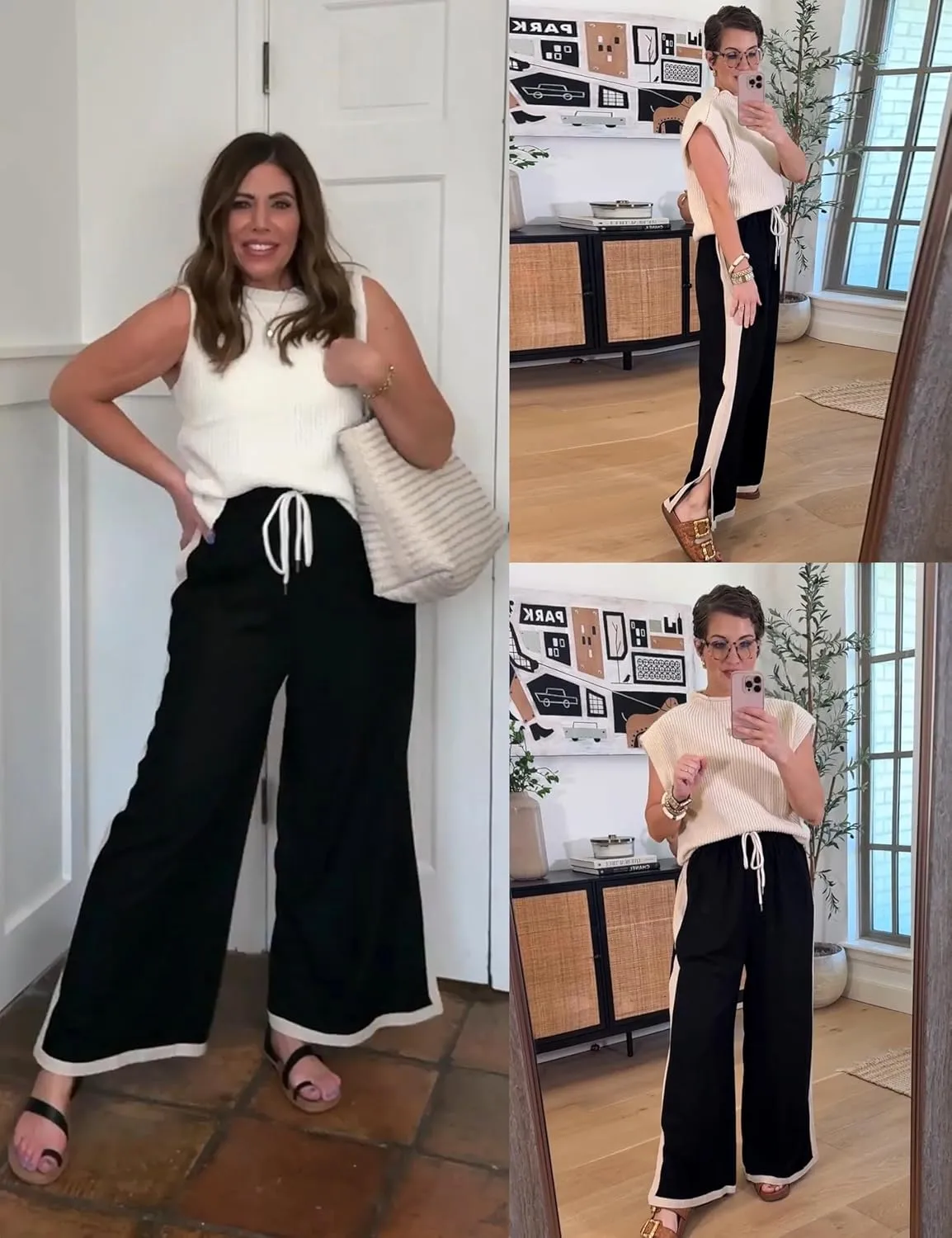 Lentta Womens Linen Wide Leg Pants Side Striped Palazzo Pants Beach Pants with Pockets Lounge Vacation Outfits