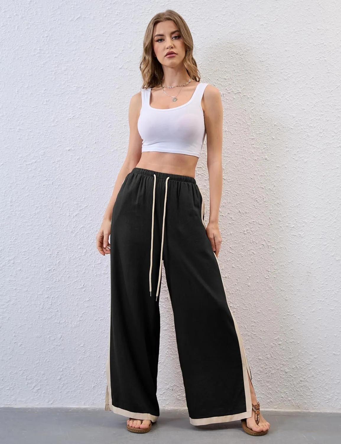 Lentta Womens Linen Wide Leg Pants Side Striped Palazzo Pants Beach Pants with Pockets Lounge Vacation Outfits