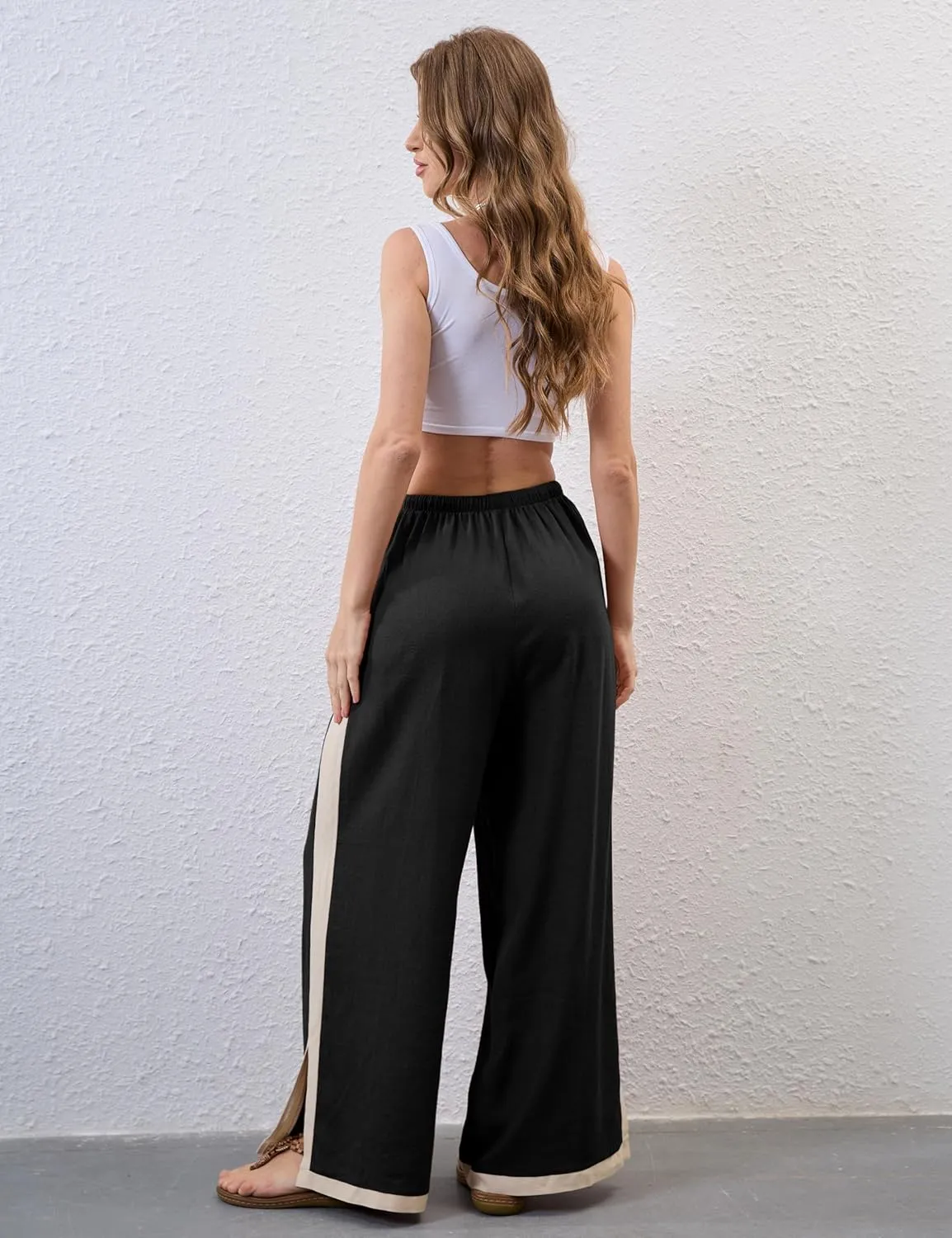 Lentta Womens Linen Wide Leg Pants Side Striped Palazzo Pants Beach Pants with Pockets Lounge Vacation Outfits