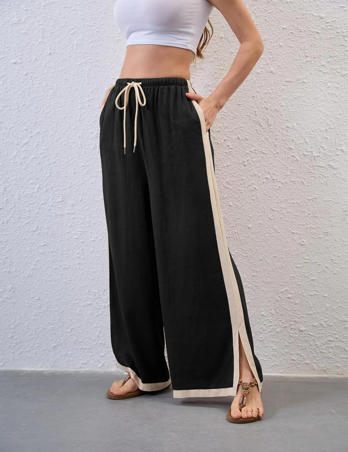 Lentta Womens Linen Wide Leg Pants Side Striped Palazzo Pants Beach Pants with Pockets Lounge Vacation Outfits
