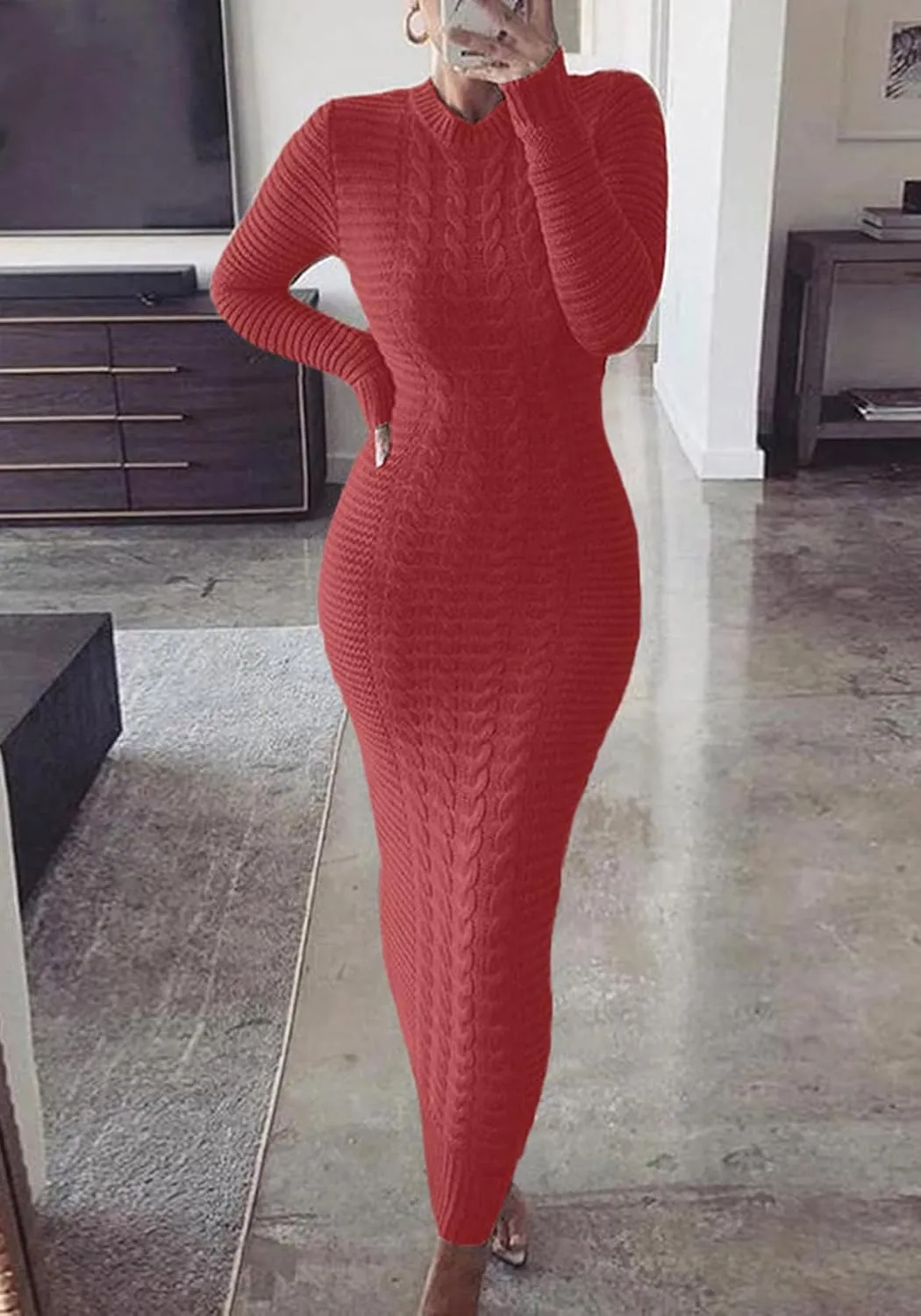 LETSVDO Sweater Dress for Women Maxi Bodycon Cable Knit Long Sleeve Crewneck Ribbed Pencil Pullover Dresses Winter