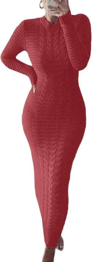 LETSVDO Sweater Dress for Women Maxi Bodycon Cable Knit Long Sleeve Crewneck Ribbed Pencil Pullover Dresses Winter