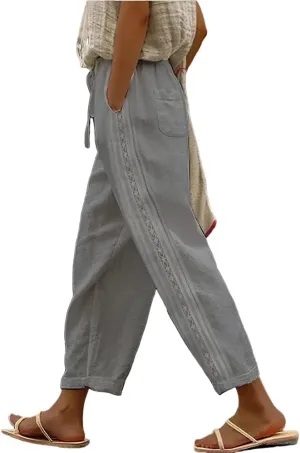 LOAIHA Women's Cotton Linen Pants Summer Casual Elastic High Waist Solid Straight Wide Leg Loose Fit Pants with Pockets