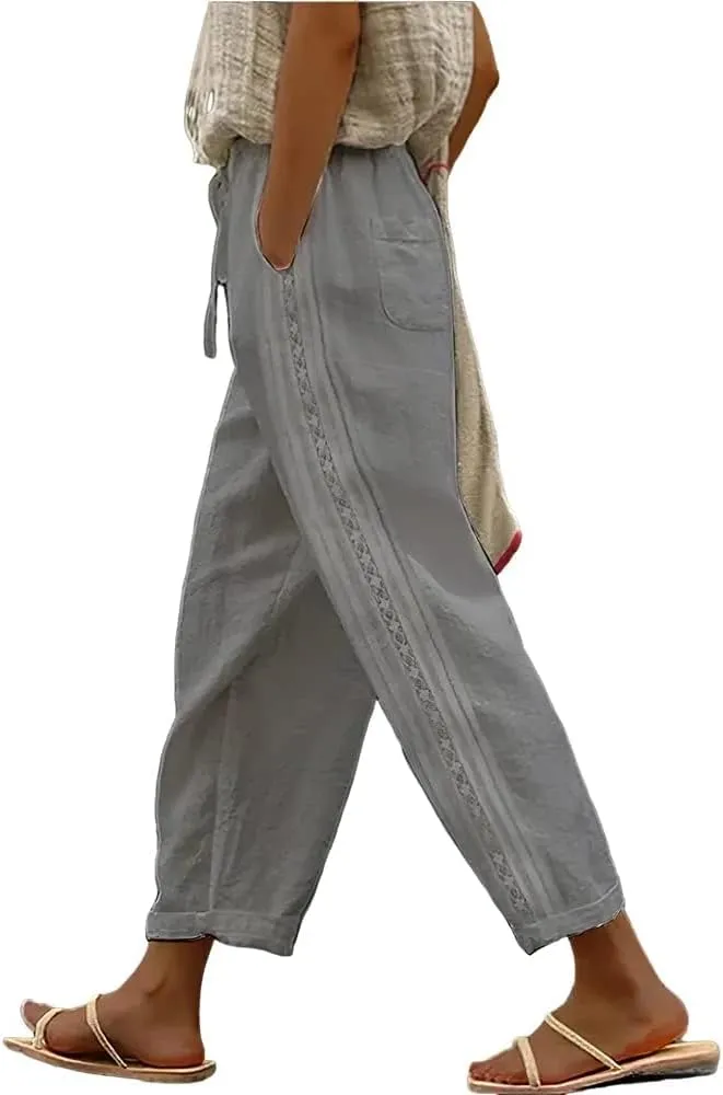 LOAIHA Women's Cotton Linen Pants Summer Casual Elastic High Waist Solid Straight Wide Leg Loose Fit Pants with Pockets