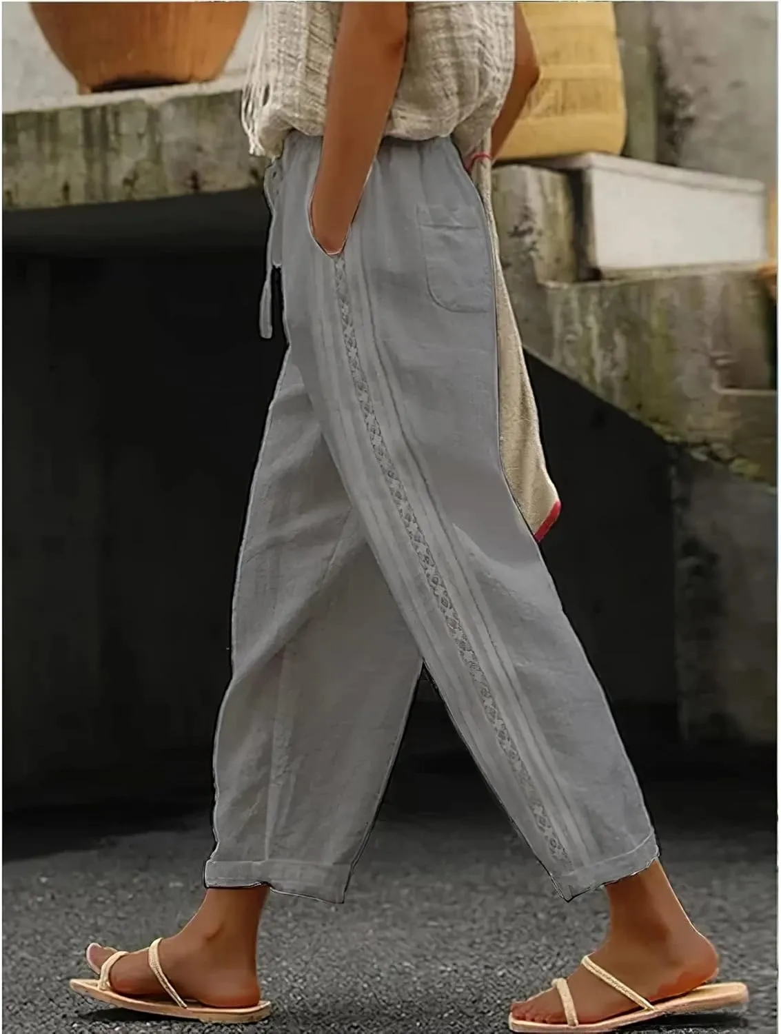LOAIHA Women's Cotton Linen Pants Summer Casual Elastic High Waist Solid Straight Wide Leg Loose Fit Pants with Pockets