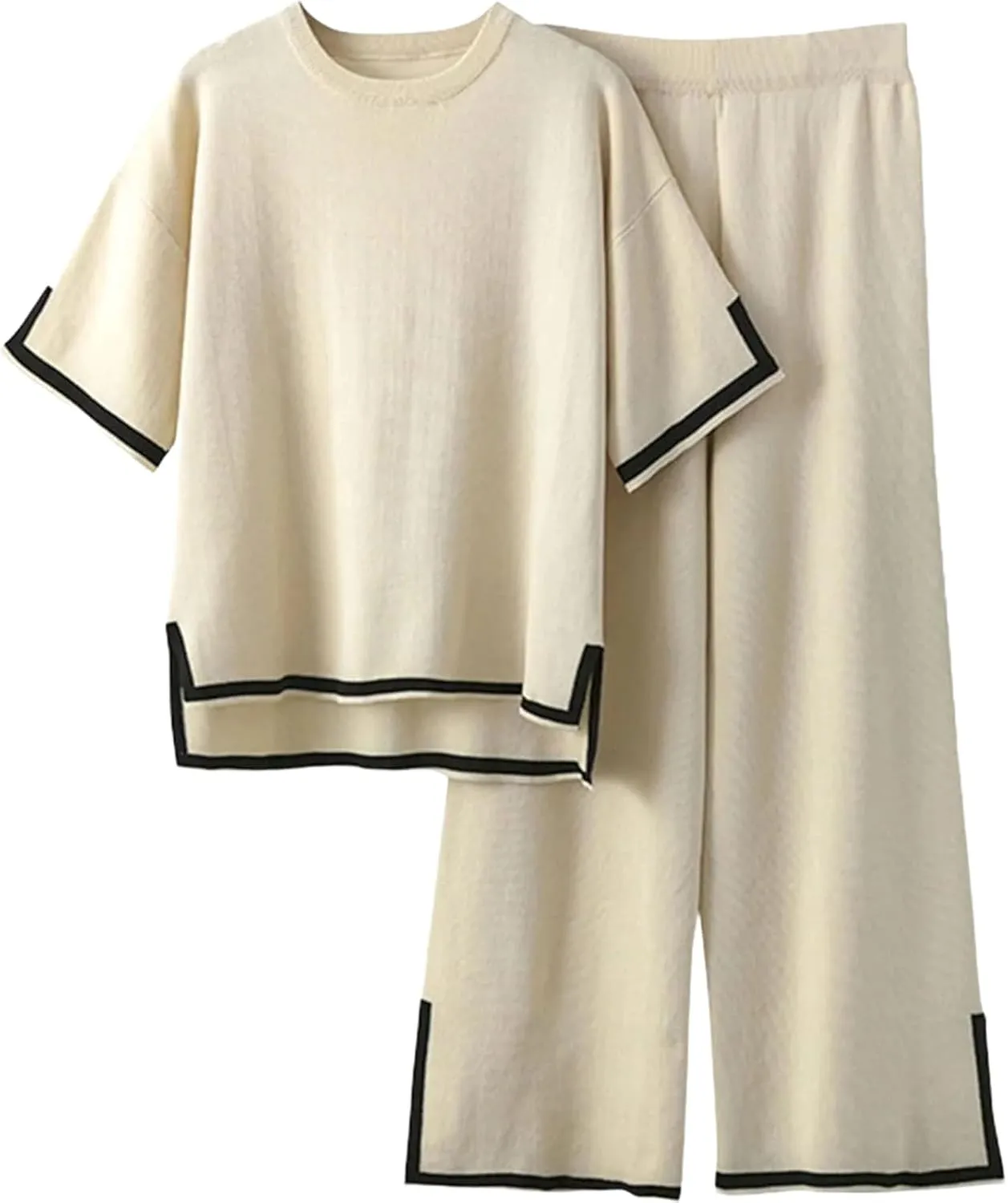LOZ Women's 2 Piece Outfits Short Sleeve Black Trim Knit Sweater Top Wide Leg Pants Lounge Sets 2025 Summer Tracksuits