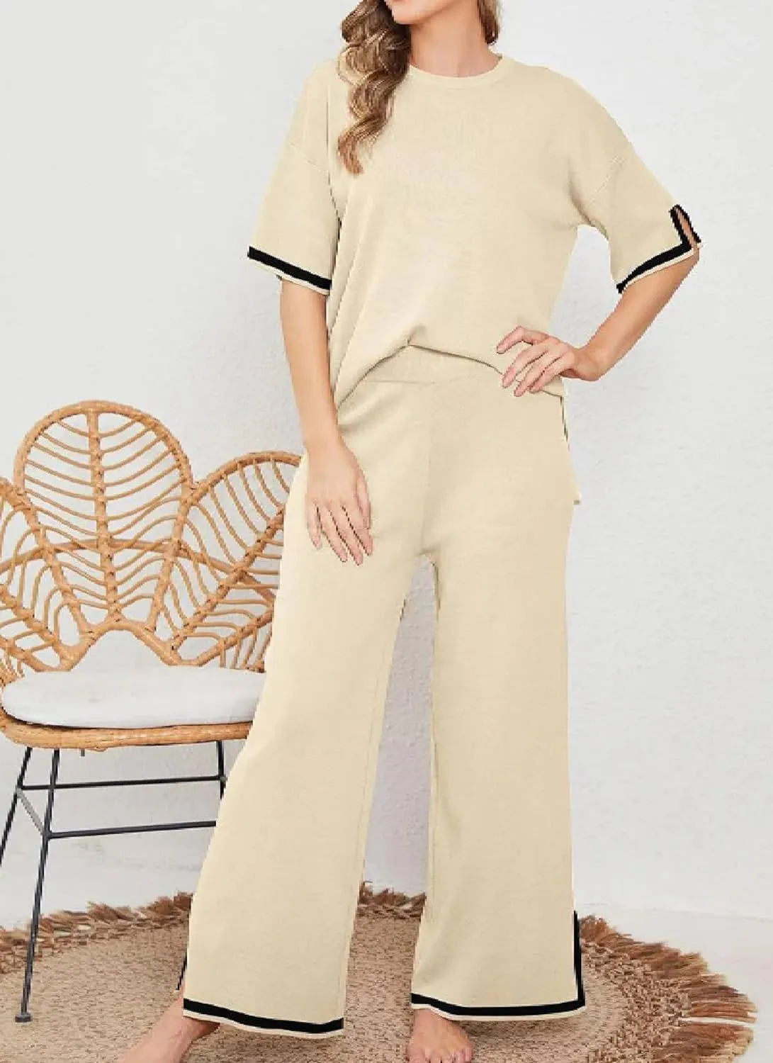 LOZ Women's 2 Piece Outfits Short Sleeve Black Trim Knit Sweater Top Wide Leg Pants Lounge Sets 2025 Summer Tracksuits