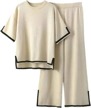 LOZ Women's 2 Piece Outfits Short Sleeve Black Trim Knit Sweater Top Wide Leg Pants Lounge Sets 2025 Summer Tracksuits