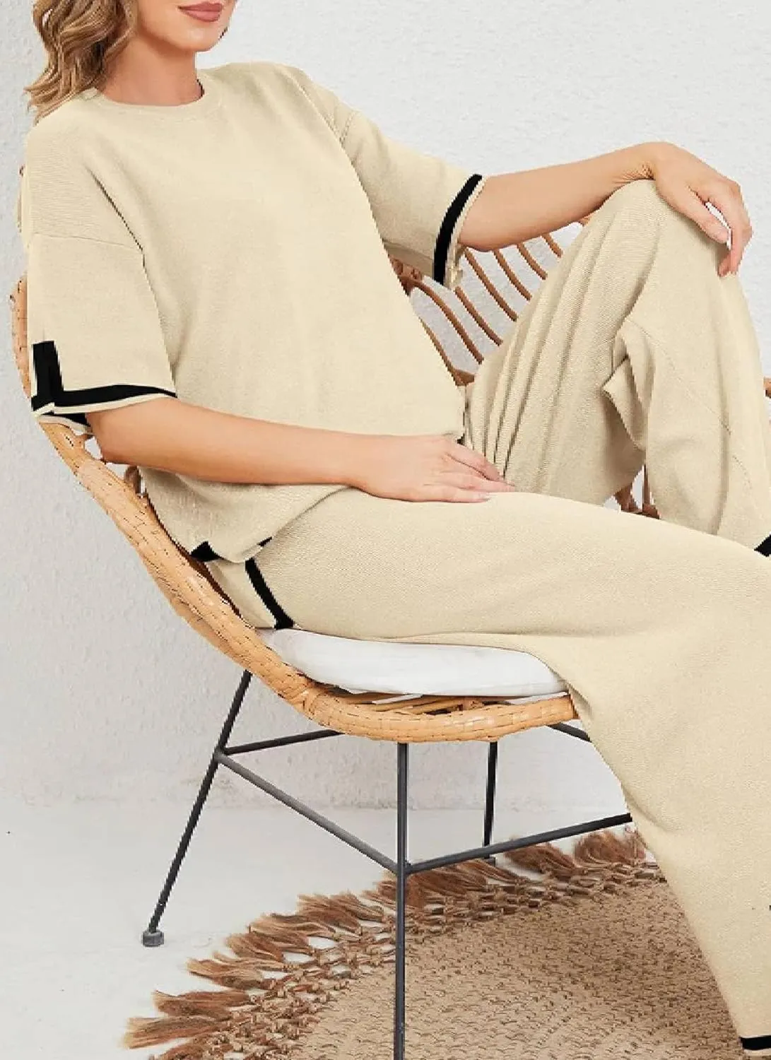 LOZ Women's 2 Piece Outfits Short Sleeve Black Trim Knit Sweater Top Wide Leg Pants Lounge Sets 2025 Summer Tracksuits