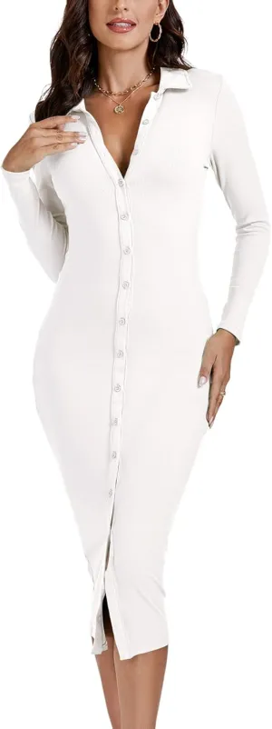 LYANER Women's Casual Ribbed Knit Button Down Collar V Neck Long Sleeve Bodycon Midi Dress