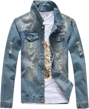 MACCHIASHINE Mens Classic Ripped Slim Denim Jacket Jean Coat Jacket with Holes Distressed Casual Denim Trucker Jacket