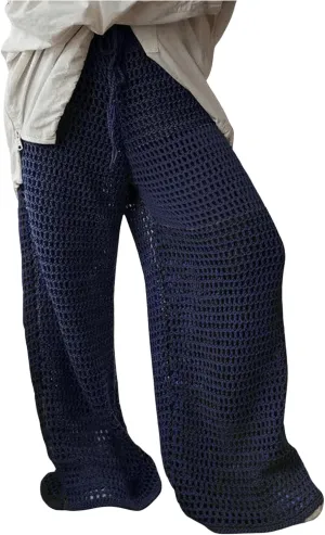 MakeMeChic Women's Crochet Wide Leg Pants Tie Waist Colorblock Hollow Out Trousers Knit Baggy Y2K Trousers