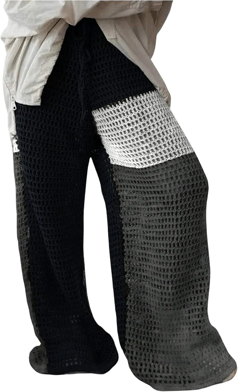 MakeMeChic Women's Crochet Wide Leg Pants Tie Waist Colorblock Hollow Out Trousers Knit Baggy Y2K Trousers