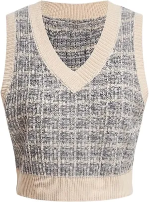 MakeMeChic Women's Plaid V Neck Sweater Vest Sleeveless Knit Cropped Tank Top