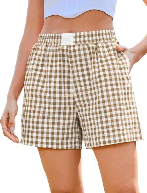 Marvmys Womens Boxer Shorts Cotton Plaid Gingham Shorts Summer Elastic Waist Pajama Buttoms with Pockets