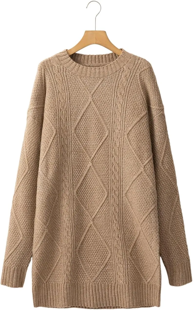 Melliflo Women's Cable Knit Sweater Dress - Parchment Loose Fit Drop Shoulder Dress for Fall & Winter