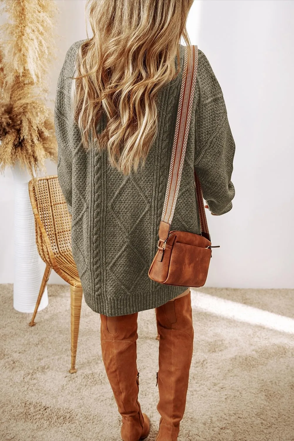 Melliflo Women's Cable Knit Sweater Dress - Parchment Loose Fit Drop Shoulder Dress for Fall & Winter