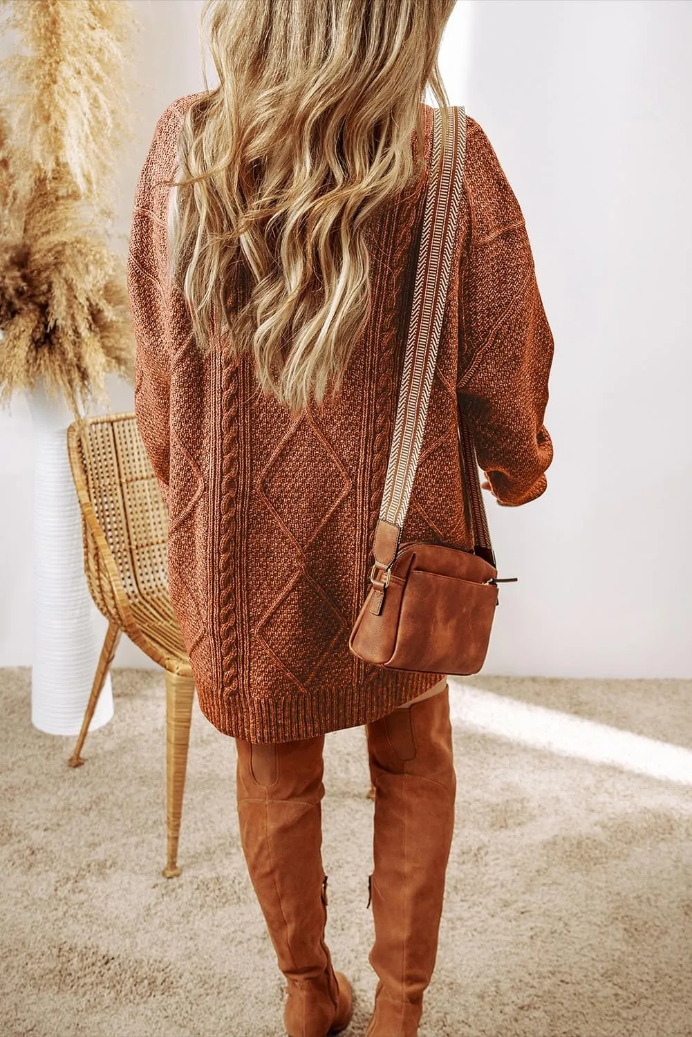 Melliflo Women's Cable Knit Sweater Dress - Parchment Loose Fit Drop Shoulder Dress for Fall & Winter
