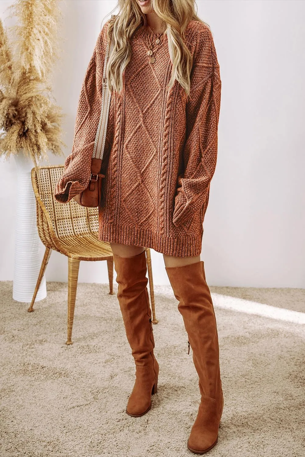 Melliflo Women's Cable Knit Sweater Dress - Parchment Loose Fit Drop Shoulder Dress for Fall & Winter