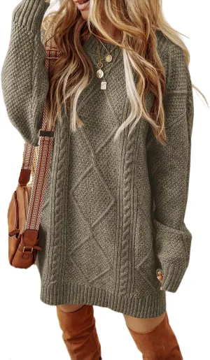 Melliflo Women's Cable Knit Sweater Dress - Parchment Loose Fit Drop Shoulder Dress for Fall & Winter