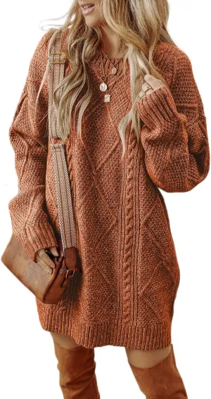 Melliflo Women's Cable Knit Sweater Dress - Parchment Loose Fit Drop Shoulder Dress for Fall & Winter