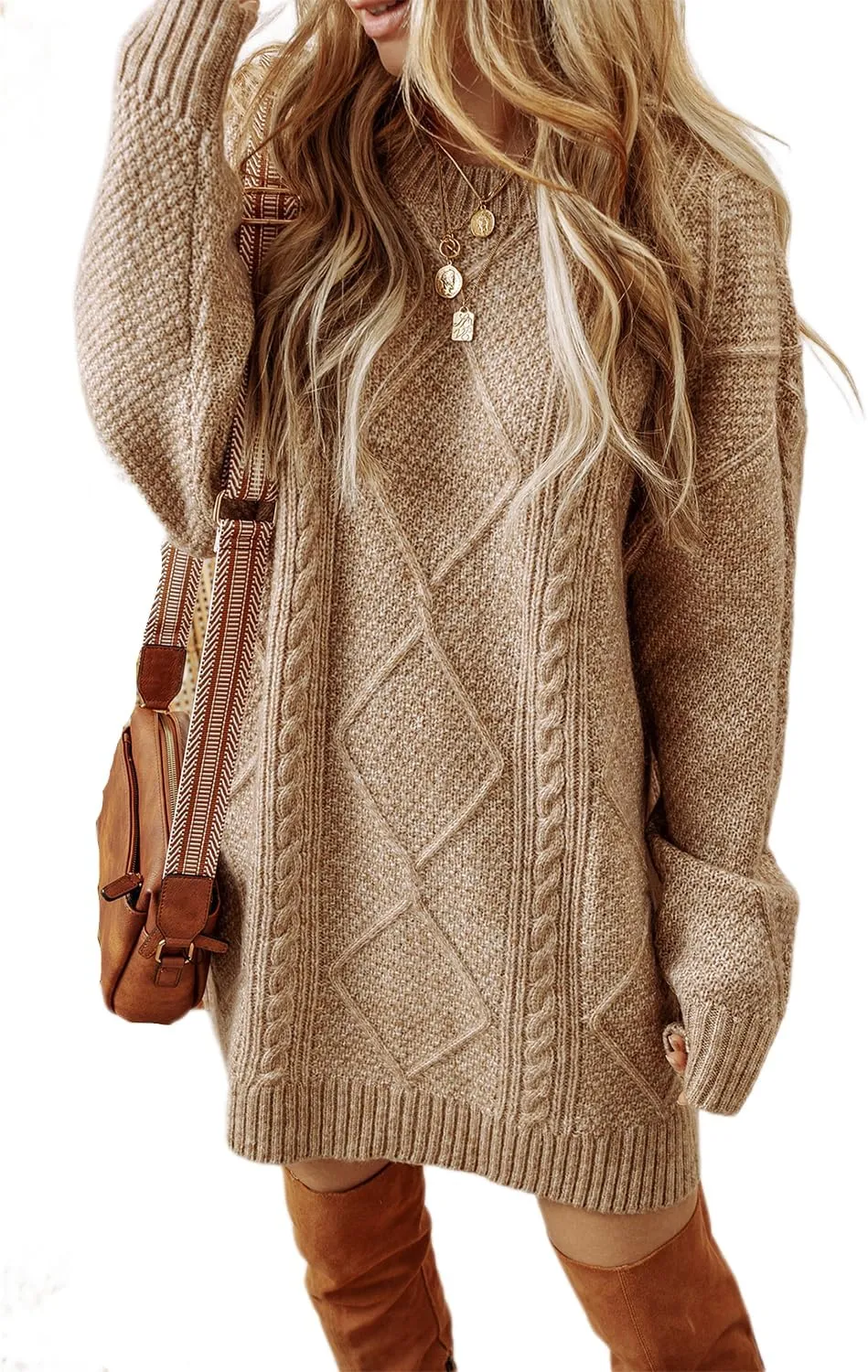 Melliflo Women's Cable Knit Sweater Dress - Parchment Loose Fit Drop Shoulder Dress for Fall & Winter