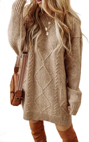 Melliflo Women's Cable Knit Sweater Dress - Parchment Loose Fit Drop Shoulder Dress for Fall & Winter