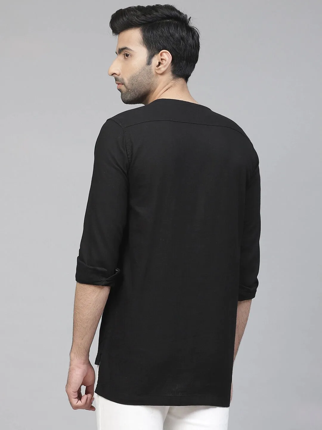 Men Black Cotton Linen Kurta