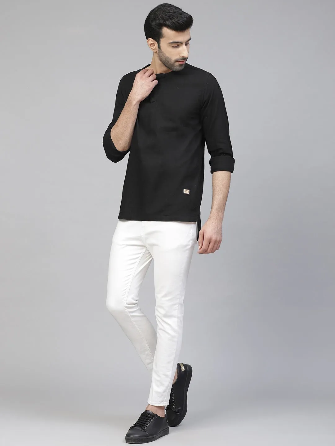 Men Black Cotton Linen Kurta