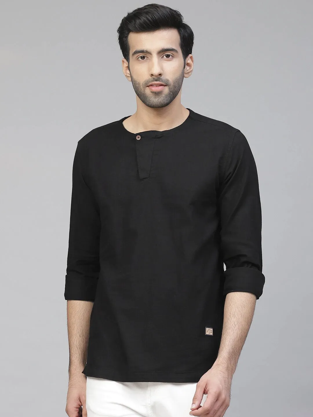 Men Black Cotton Linen Kurta