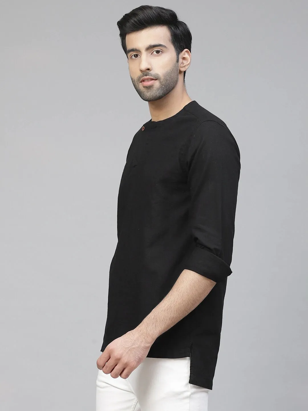 Men Black Cotton Linen Kurta