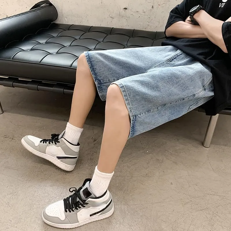 Men Casual Jean Jorts Y2K Denim Shorts Hip Hop Cargo Pants Jorts Elastic Waist Baggy Jeans Women Loose Fit Streetwear