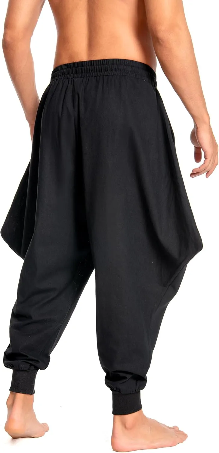 Men's Aladdin Hippie Harem Pants Loose Cotton Linen Drop Crotch Trousers Casual Baggy Elastic Waist Yoga Pants