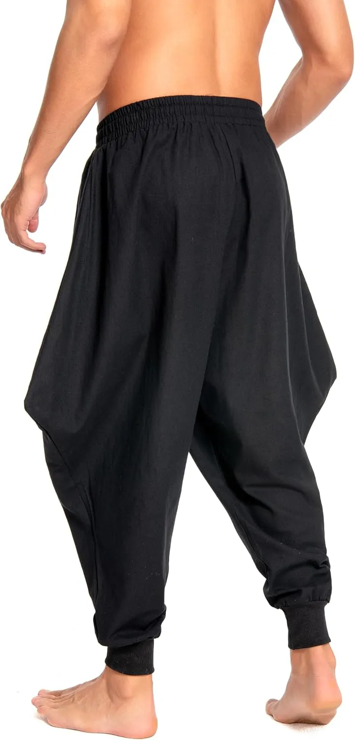 Men's Aladdin Hippie Harem Pants Loose Cotton Linen Drop Crotch Trousers Casual Baggy Elastic Waist Yoga Pants