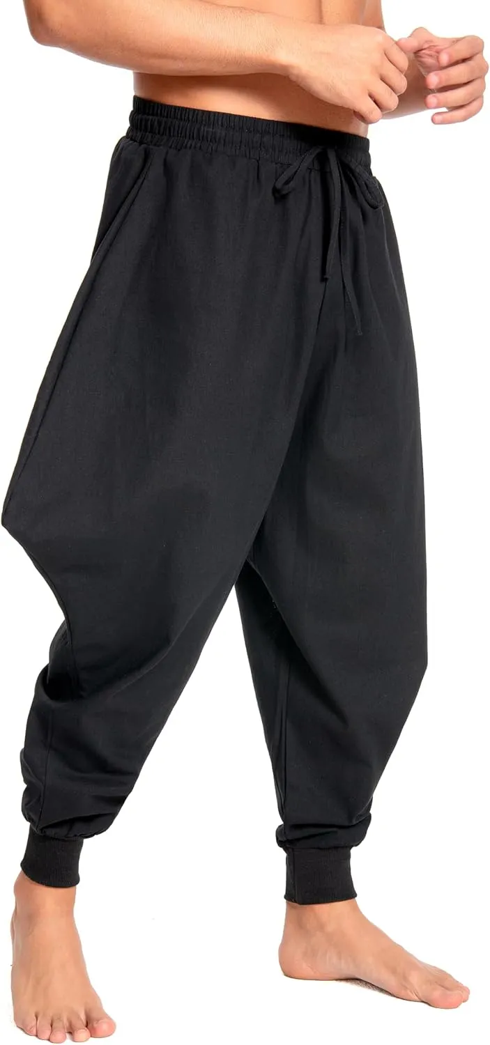 Men's Aladdin Hippie Harem Pants Loose Cotton Linen Drop Crotch Trousers Casual Baggy Elastic Waist Yoga Pants