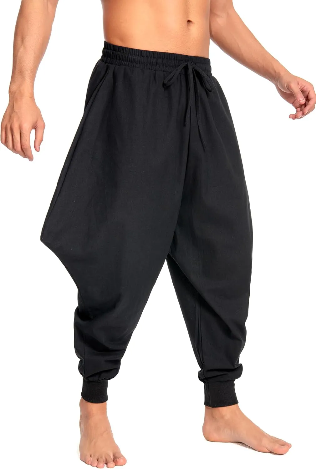Men's Aladdin Hippie Harem Pants Loose Cotton Linen Drop Crotch Trousers Casual Baggy Elastic Waist Yoga Pants